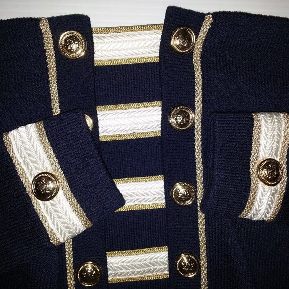 St John Collection By Marie Gray stripped Navy Crop Top Cardigan Jacket sz 6 - Picture 2 of 9